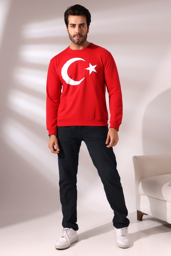 Türk Bayrağı Baskılı Bisiklet Yaka Sweatshirt 19156 KIRMIZI