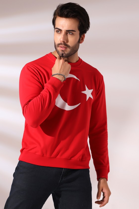 Türk Bayrağı Baskılı Bisiklet Yaka Sweatshirt 19156 KIRMIZI