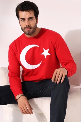 Türk Bayrağı Baskılı Bisiklet Yaka Sweatshirt 19156 KIRMIZI