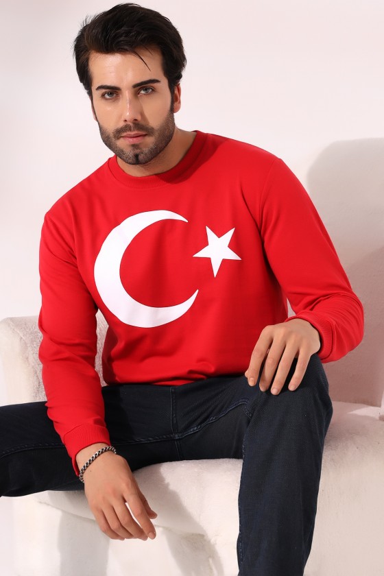 Türk Bayrağı Baskılı Bisiklet Yaka Sweatshirt 19156 KIRMIZI