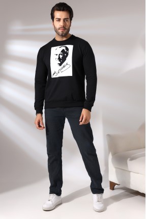 Atatürk Baskılı Bisiklet Yaka Sweatshirt 19157 SİYAH