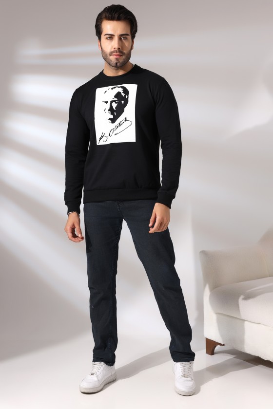 Atatürk Baskılı Bisiklet Yaka Sweatshirt 19157 SİYAH