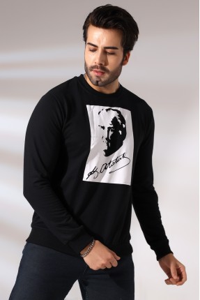 Atatürk Baskılı Bisiklet Yaka Sweatshirt 19157 SİYAH