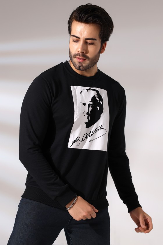 Atatürk Baskılı Bisiklet Yaka Sweatshirt 19157 SİYAH