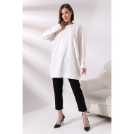 Pamuklu Likralı Kompakt Uzun Kol Manşetli Salaş Tunik 19186 EKRU