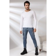 Compact Penye Likralı Slim Fit Uzun Kol Pis V Yaka T-Shirt 19699 BEYAZ
