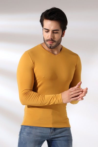 Compact Penye Likralı Slim Fit Uzun Kol Pis V Yaka T-Shirt 19699 HARDAL Compact Penye Likralı Slim Fit Uzun Kol Pis V Yaka T-Shirt 19699 HARDAL