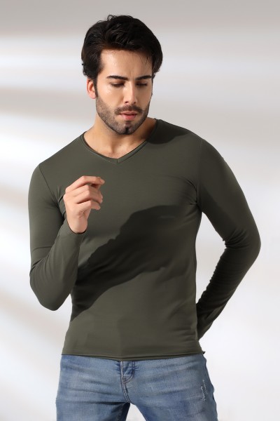 Compact Penye Likralı Slim Fit Uzun Kol Pis V Yaka T-Shirt 19699 HAKİ Compact Penye Likralı Slim Fit Uzun Kol Pis V Yaka T-Shirt 19699 HAKİ