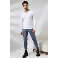 Compact Penye Likralı Slim Fit Uzun Kol V Yaka T-Shirt 19648 BEYAZ