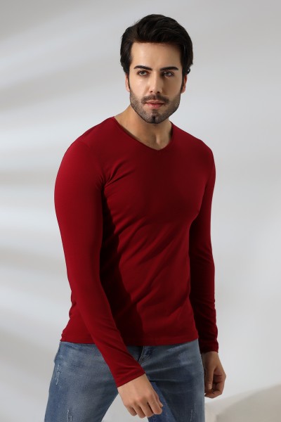 Compact Penye Likralı Slim Fit Uzun Kol V Yaka T-Shirt 19648 BORDO Compact Penye Likralı Slim Fit Uzun Kol V Yaka T-Shirt 19648 BORDO
