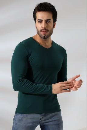 Compact Penye Likralı Slim Fit Uzun Kol V Yaka T-Shirt 19648 KOYU YEŞİL