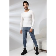 Compact Penye Likralı Slim Fit Uzun Kol V Yaka T-Shirt 19648 EKRU