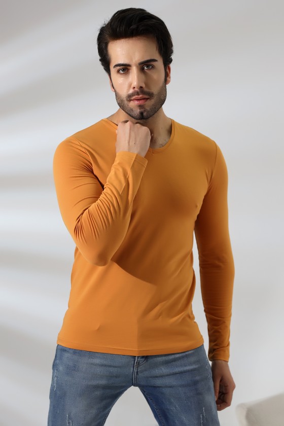 Compact Penye Likralı Slim Fit Uzun Kol V Yaka T-Shirt 19648 HARDAL