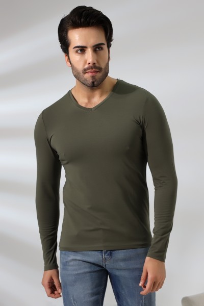 Compact Penye Likralı Slim Fit Uzun Kol V Yaka T-Shirt 19648 HAKİ Compact Penye Likralı Slim Fit Uzun Kol V Yaka T-Shirt 19648 HAKİ