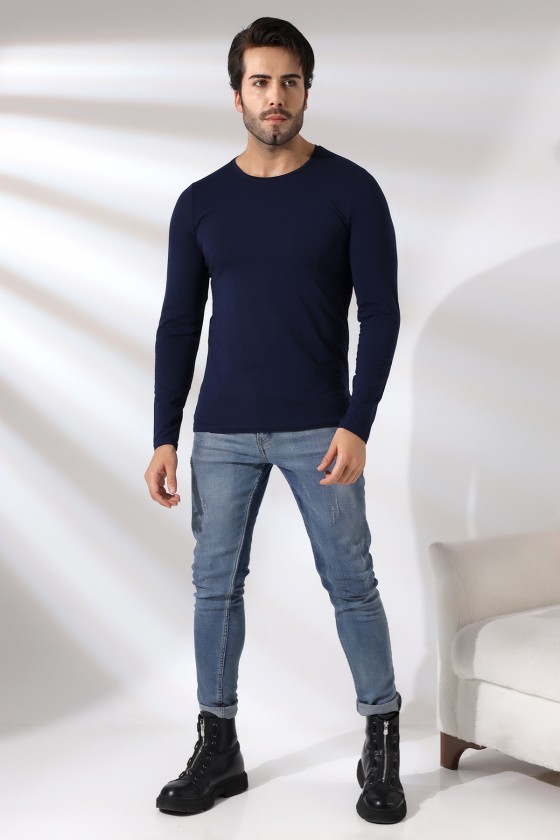 Compact Penye Likralı Slim Fit Uzun Kol Bisiklet Yaka T-Shirt 19649 LACİVERT