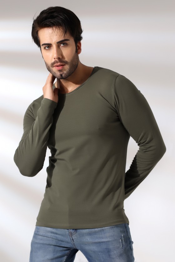 Compact Penye Likralı Slim Fit Uzun Kol Bisiklet Yaka T-Shirt 19649 HAKİ