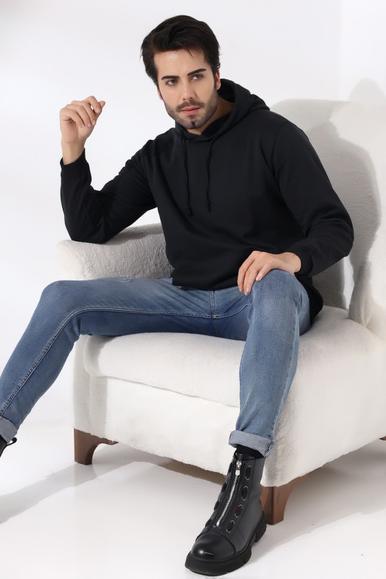 Şardonlu Kapüşonlu Sweatshirt 19125 SİYAH