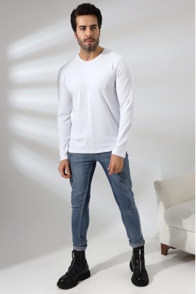 Compact Penye Likralı Regular Fit Uzun Kol V Yaka T-Shirt 19647 BEYAZ