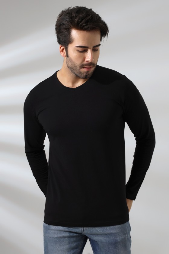 Compact Penye Likralı Regular Fit Uzun Kol V Yaka T-Shirt 19647 SİYAH