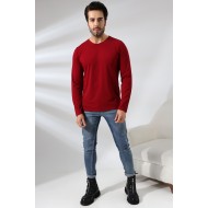 Compact Penye Likralı Regular Fit Uzun Kol V Yaka T-Shirt 19647 BORDO