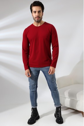 Compact Penye Likralı Regular Fit Uzun Kol V Yaka T-Shirt 19647 BORDO