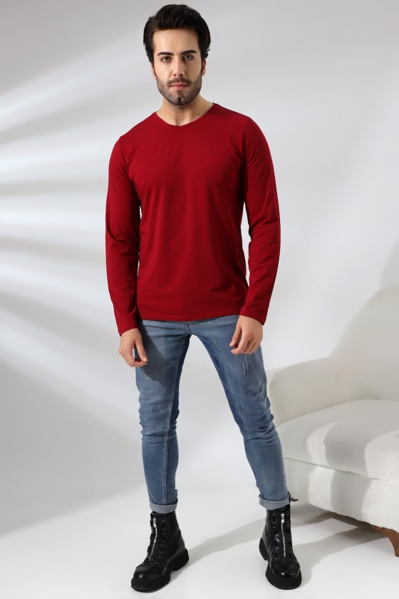 Compact Penye Likralı Regular Fit Uzun Kol V Yaka T-Shirt 19647 BORDO