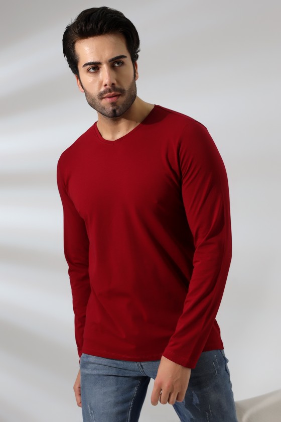 Compact Penye Likralı Regular Fit Uzun Kol V Yaka T-Shirt 19647 BORDO