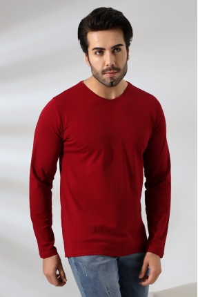 Compact Penye Likralı Regular Fit Uzun Kol V Yaka T-Shirt 19647 BORDO