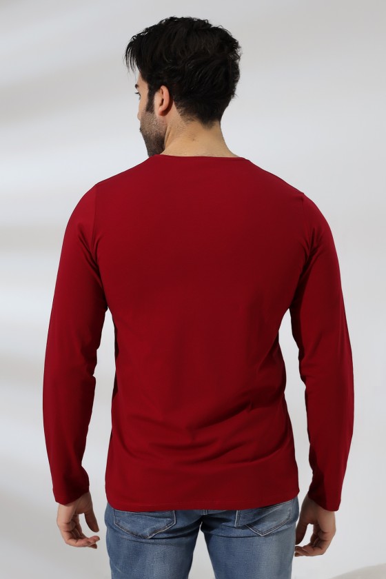 Compact Penye Likralı Regular Fit Uzun Kol V Yaka T-Shirt 19647 BORDO