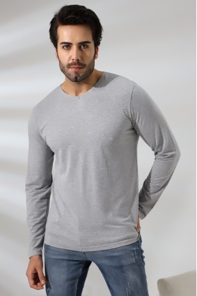 Compact Penye Likralı Regular Fit Uzun Kol V Yaka T-Shirt 19647 GRİMELANJ