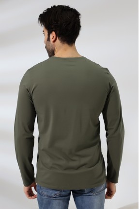 Compact Penye Likralı Regular Fit Uzun Kol V Yaka T-Shirt 19647 HAKİ