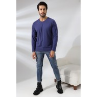 Compact Penye Likralı Regular Fit Uzun Kol V Yaka T-Shirt 19647 İNDİGOMELANJ