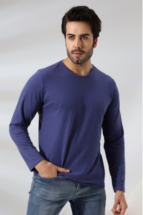 Compact Penye Likralı Regular Fit Uzun Kol V Yaka T-Shirt 19647 İNDİGOMELANJ