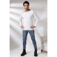 Compact Penye Likralı Regular Fit Uzun Kol Pis V Yaka T-Shirt 19698 BEYAZ