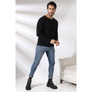 Compact Penye Likralı Regular Fit Uzun Kol Pis V Yaka T-Shirt 19698 SİYAH