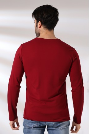 Compact Penye Likralı Regular Fit Uzun Kol Pis V Yaka T-Shirt 19698 BORDO