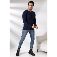 Compact Penye Likralı Regular Fit Uzun Kol Pis V Yaka T-Shirt 19698 LACİVERT