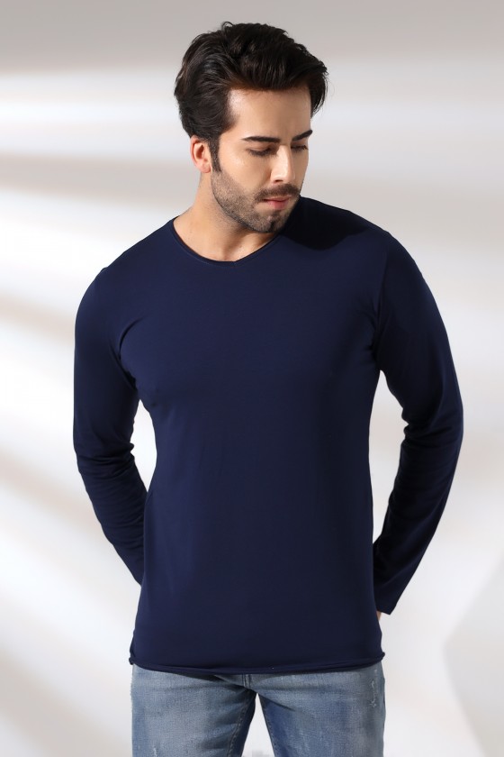 Compact Penye Likralı Regular Fit Uzun Kol Pis V Yaka T-Shirt 19698 LACİVERT