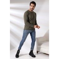 Compact Penye Likralı Regular Fit Uzun Kol Pis V Yaka T-Shirt 19698 HAKİ