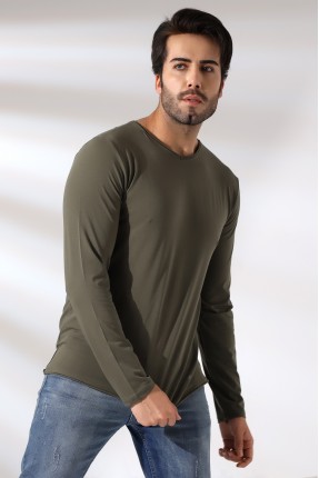 Compact Penye Likralı Regular Fit Uzun Kol Pis V Yaka T-Shirt 19698 HAKİ