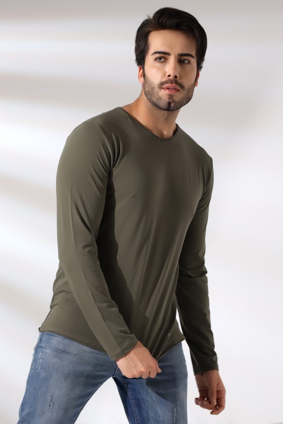 Compact Penye Likralı Regular Fit Uzun Kol Pis V Yaka T-Shirt 19698 HAKİ