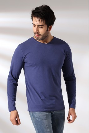 Compact Penye Likralı Regular Fit Uzun Kol Pis V Yaka T-Shirt 19698 İNDİGOMELANJ