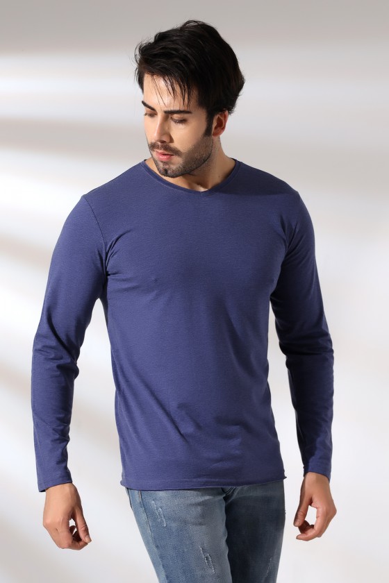 Compact Penye Likralı Regular Fit Uzun Kol Pis V Yaka T-Shirt 19698 İNDİGOMELANJ