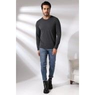 Compact Penye Likralı Regular Fit Uzun Kol Pis V Yaka T-Shirt 19698 KOYU ANTRASİTMELANJ