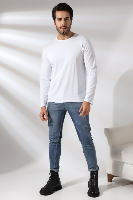 Compact Penye Likralı Regular Fit Uzun Kol Bisiklet Yaka T-Shirt 21483 BEYAZ