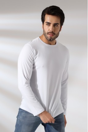 Compact Penye Likralı Regular Fit Uzun Kol Bisiklet Yaka T-Shirt 21483 BEYAZ