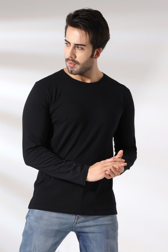 Compact Penye Likralı Regular Fit Uzun Kol Bisiklet Yaka T-Shirt 21483 SİYAH