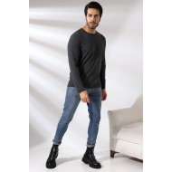 Compact Penye Likralı Regular Fit Uzun Kol Bisiklet Yaka T-Shirt 21483 KOYU ANTRASİTMELANJ