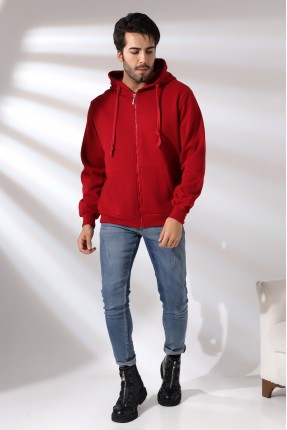 Şardonlu Kapüşonlu Fermuarlı Sweatshirt 19195 BORDO