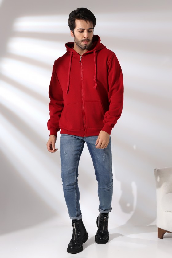 Şardonlu Kapüşonlu Fermuarlı Sweatshirt 19195 BORDO